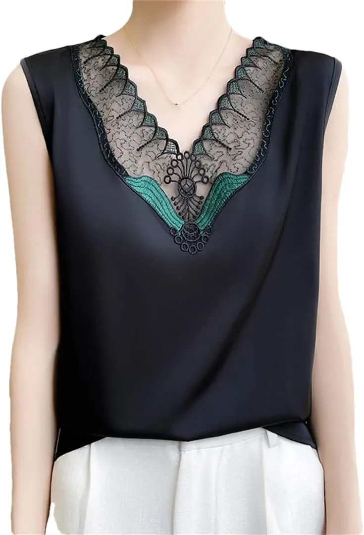 V-Neck Lace Camisole Women's Satin T-Shirt Sleeveless Bottoming Shirt Top