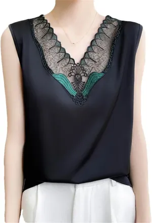 V-Neck Lace Camisole Women's Satin T-Shirt Sleeveless Bottoming Shirt Top
