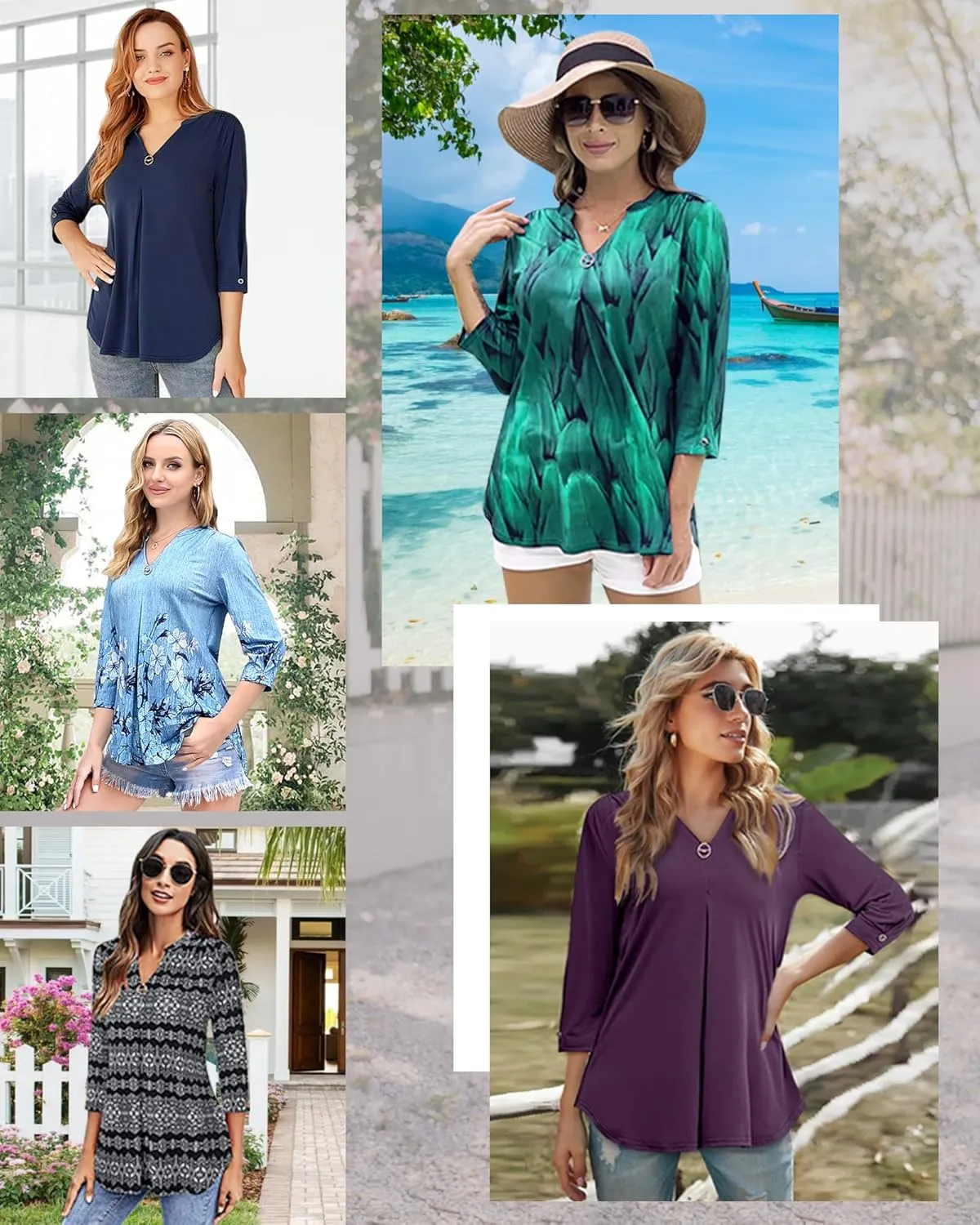 VALOLIA Womens Tops 3/4 Sleeve Shirts V Neck Blouses Dressy Casual Tunic Tops M-XXL