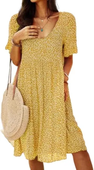 Vintage Ditsy Floral Dress for Women Scoop Neck Short Sleeve Tshirt Dresses Summer Boho Swing Hem Tunic Dress