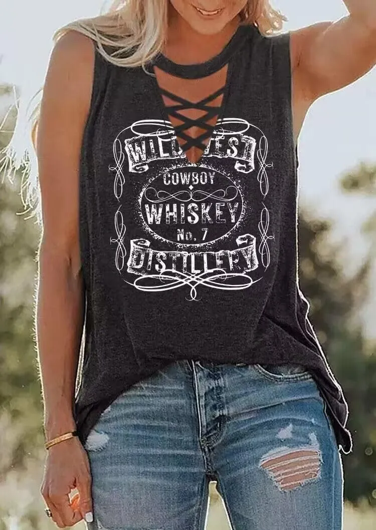 Wasted On You Steer Skull Criss-Cross Hollow Out Tank Tops Women Western Cowboy Rodeo Shirt Tops Country Music Tank Tops