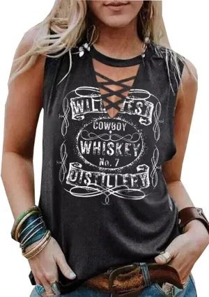 Wasted On You Steer Skull Criss-Cross Hollow Out Tank Tops Women Western Cowboy Rodeo Shirt Tops Country Music Tank Tops