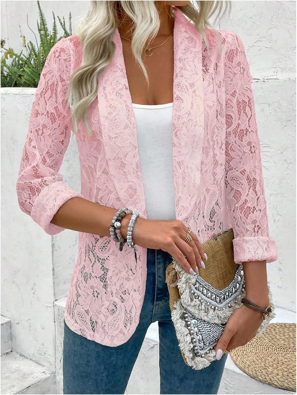 WDIRARA Women's Lace Open Front Long Sleeve Sheer Elegant Casual Blazer Jacket