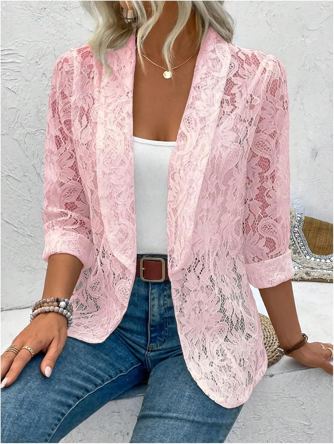 WDIRARA Women's Lace Open Front Long Sleeve Sheer Elegant Casual Blazer Jacket