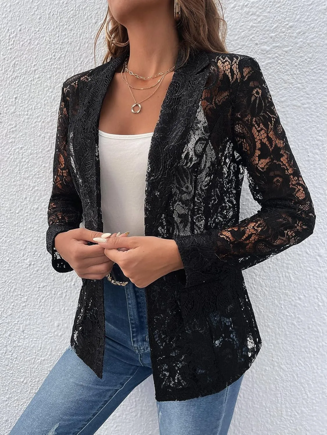 WDIRARA Women's Lace Open Front Long Sleeve Sheer Elegant Casual Blazer Jacket