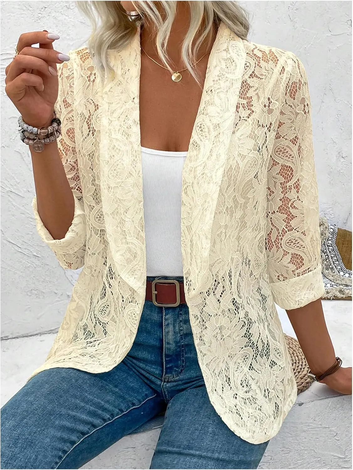 WDIRARA Women's Lace Open Front Long Sleeve Sheer Elegant Casual Blazer Jacket