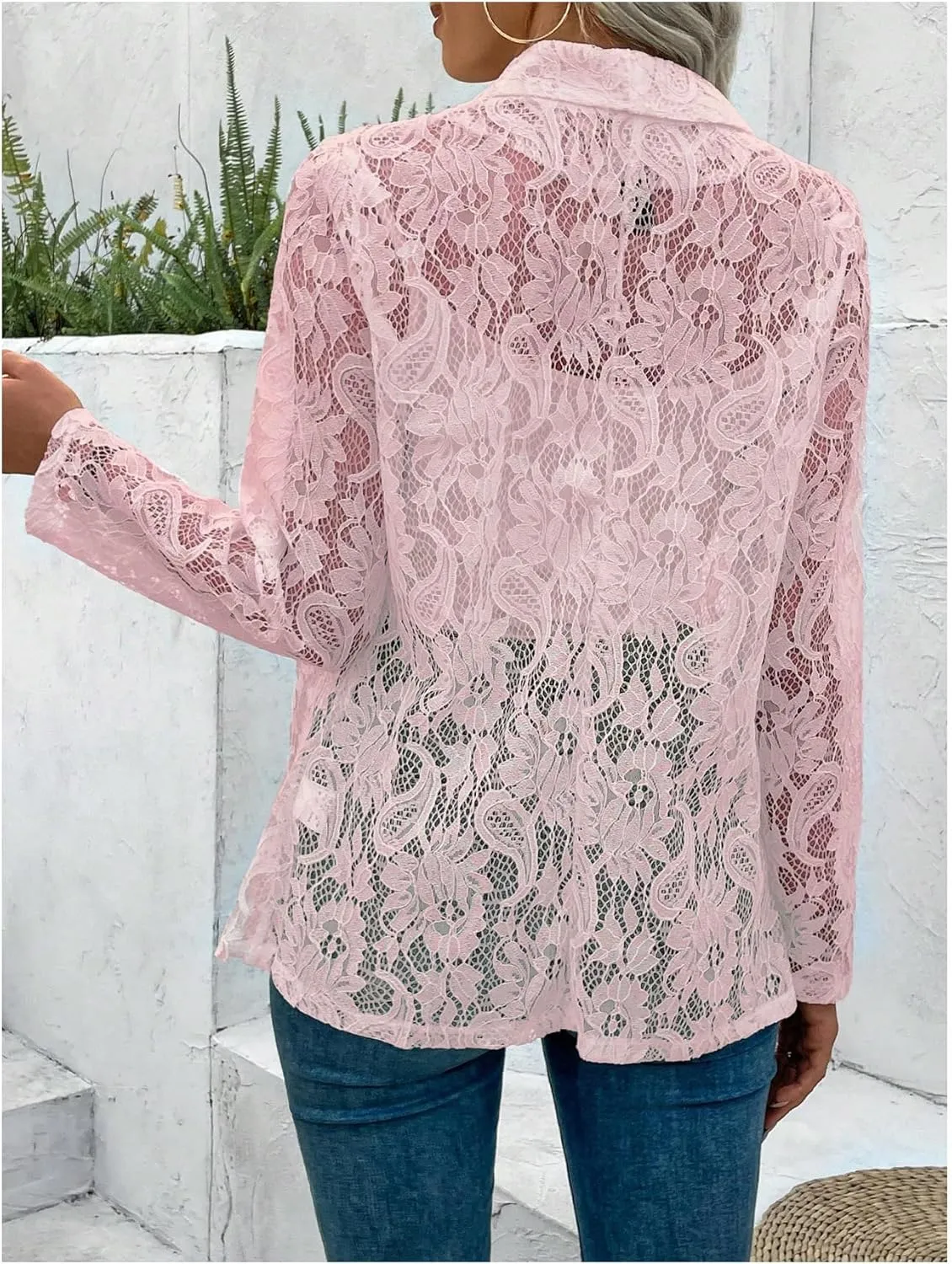 WDIRARA Women's Lace Open Front Long Sleeve Sheer Elegant Casual Blazer Jacket