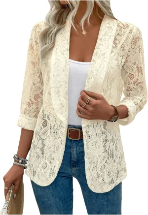 WDIRARA Women's Lace Open Front Long Sleeve Sheer Elegant Casual Blazer Jacket