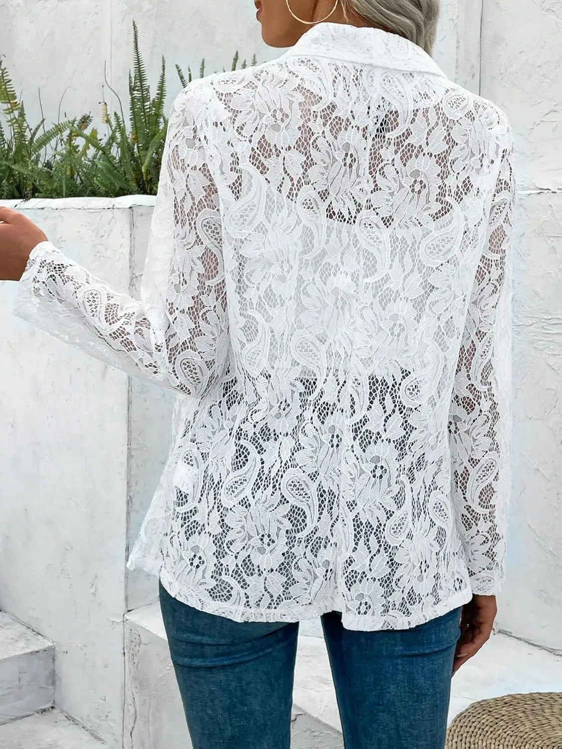 WDIRARA Women's Lace Open Front Long Sleeve Sheer Elegant Casual Blazer Jacket
