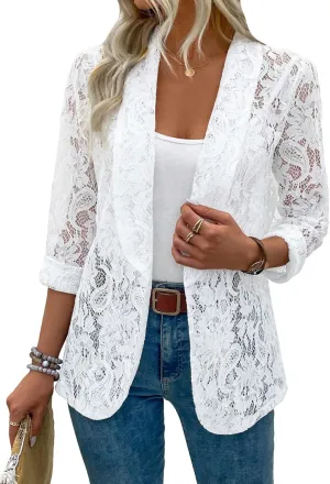 WDIRARA Women's Lace Open Front Long Sleeve Sheer Elegant Casual Blazer Jacket