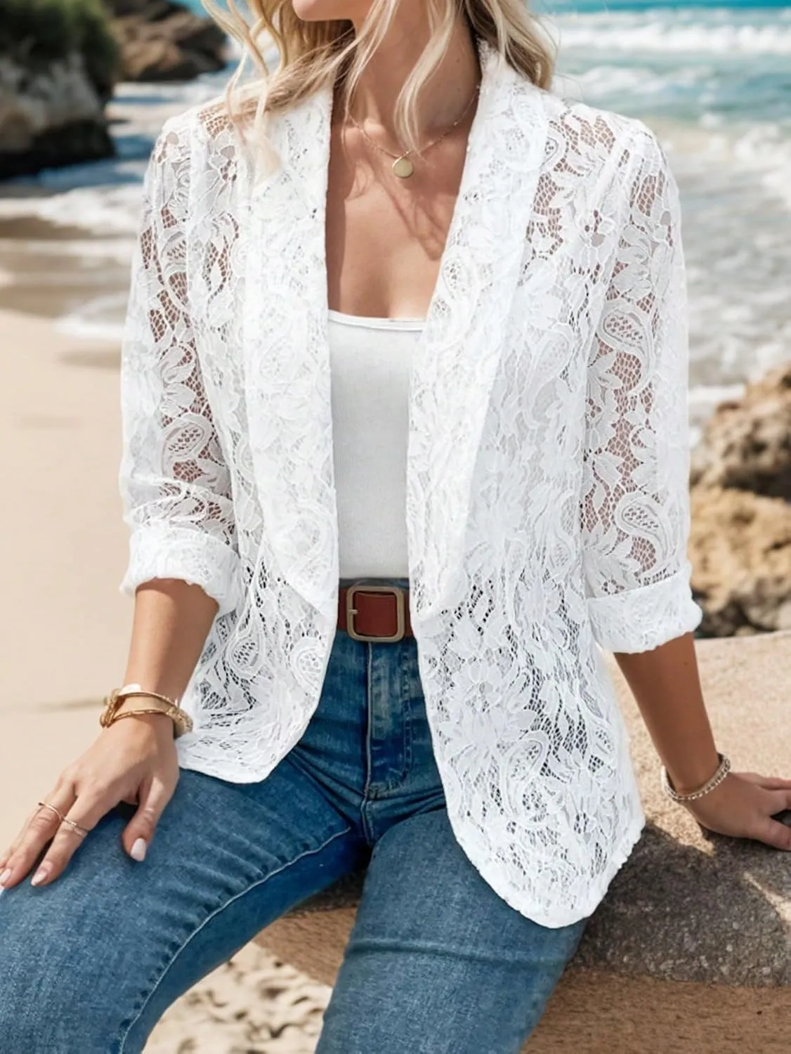 WDIRARA Women's Lace Open Front Long Sleeve Sheer Elegant Casual Blazer Jacket