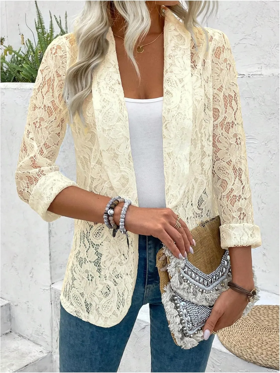 WDIRARA Women's Lace Open Front Long Sleeve Sheer Elegant Casual Blazer Jacket
