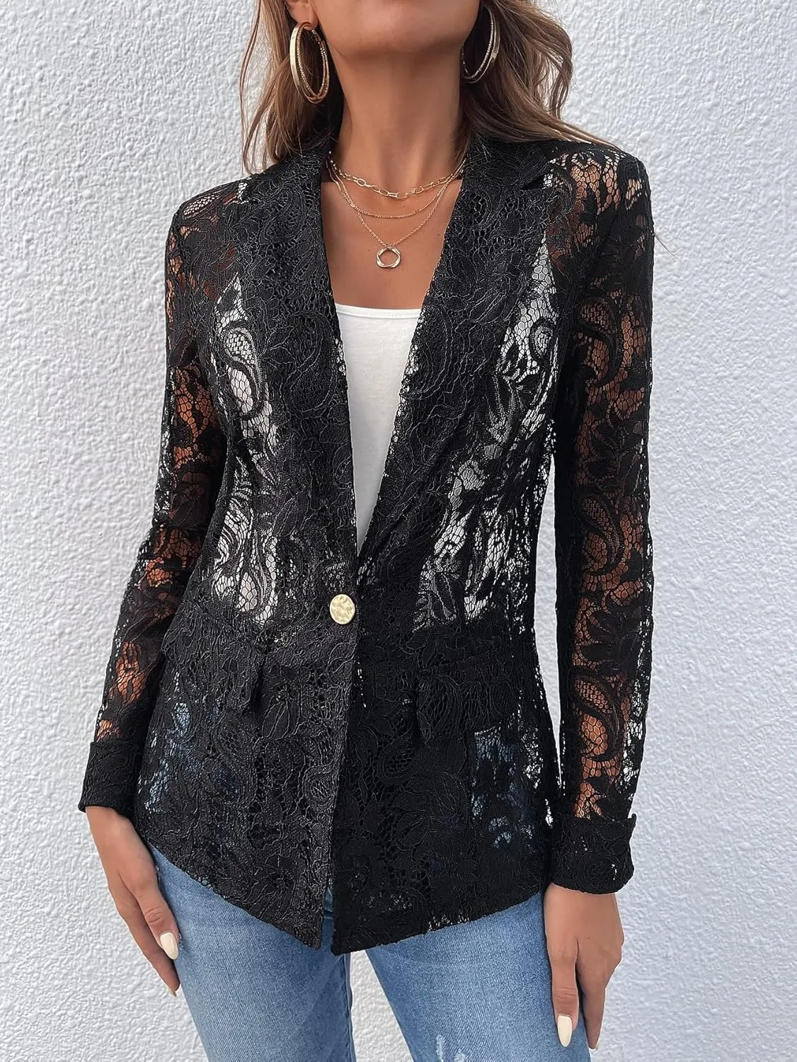 WDIRARA Women's Lace Open Front Long Sleeve Sheer Elegant Casual Blazer Jacket
