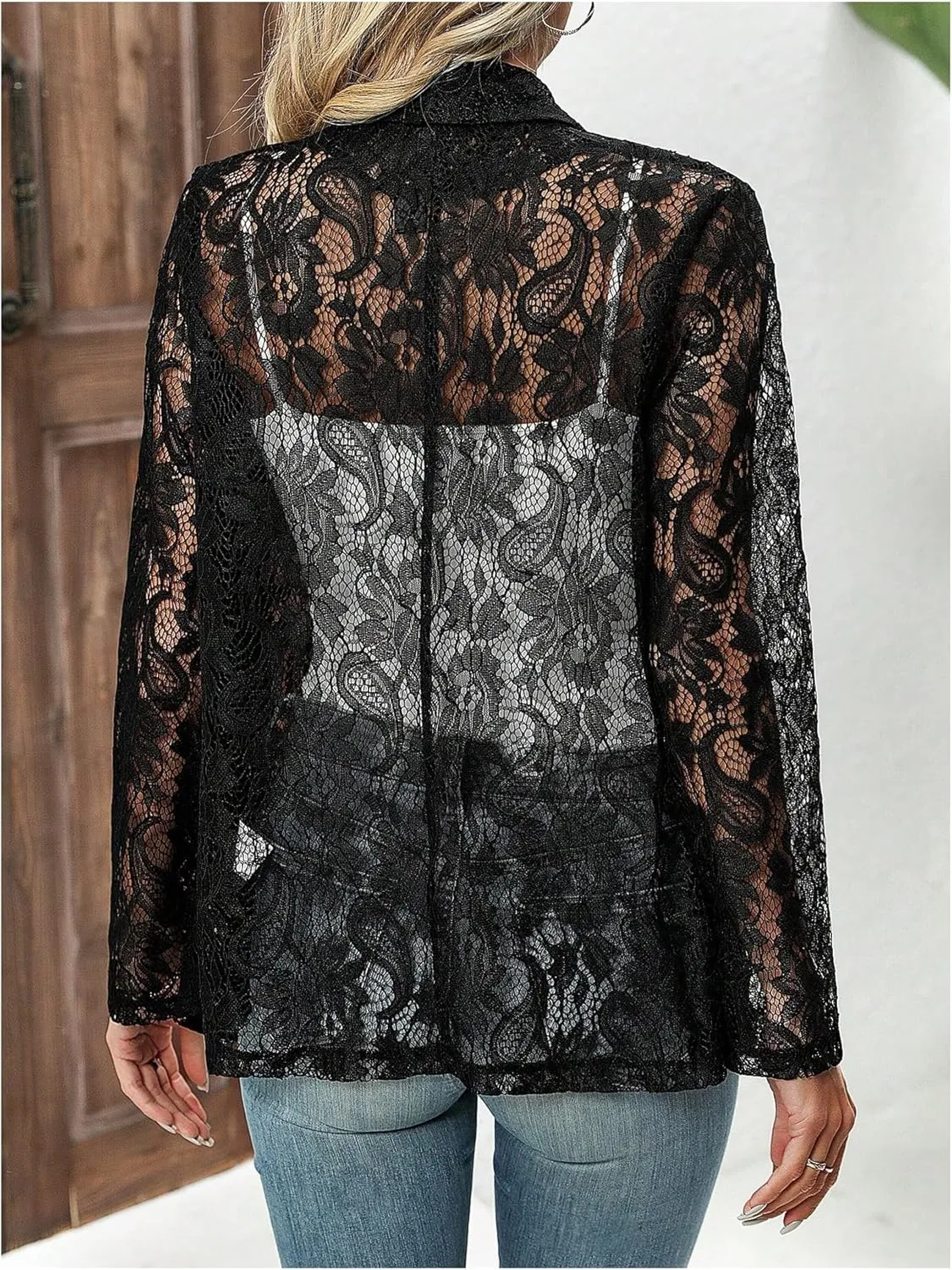 WDIRARA Women's Lace Open Front Long Sleeve Sheer Elegant Casual Blazer Jacket
