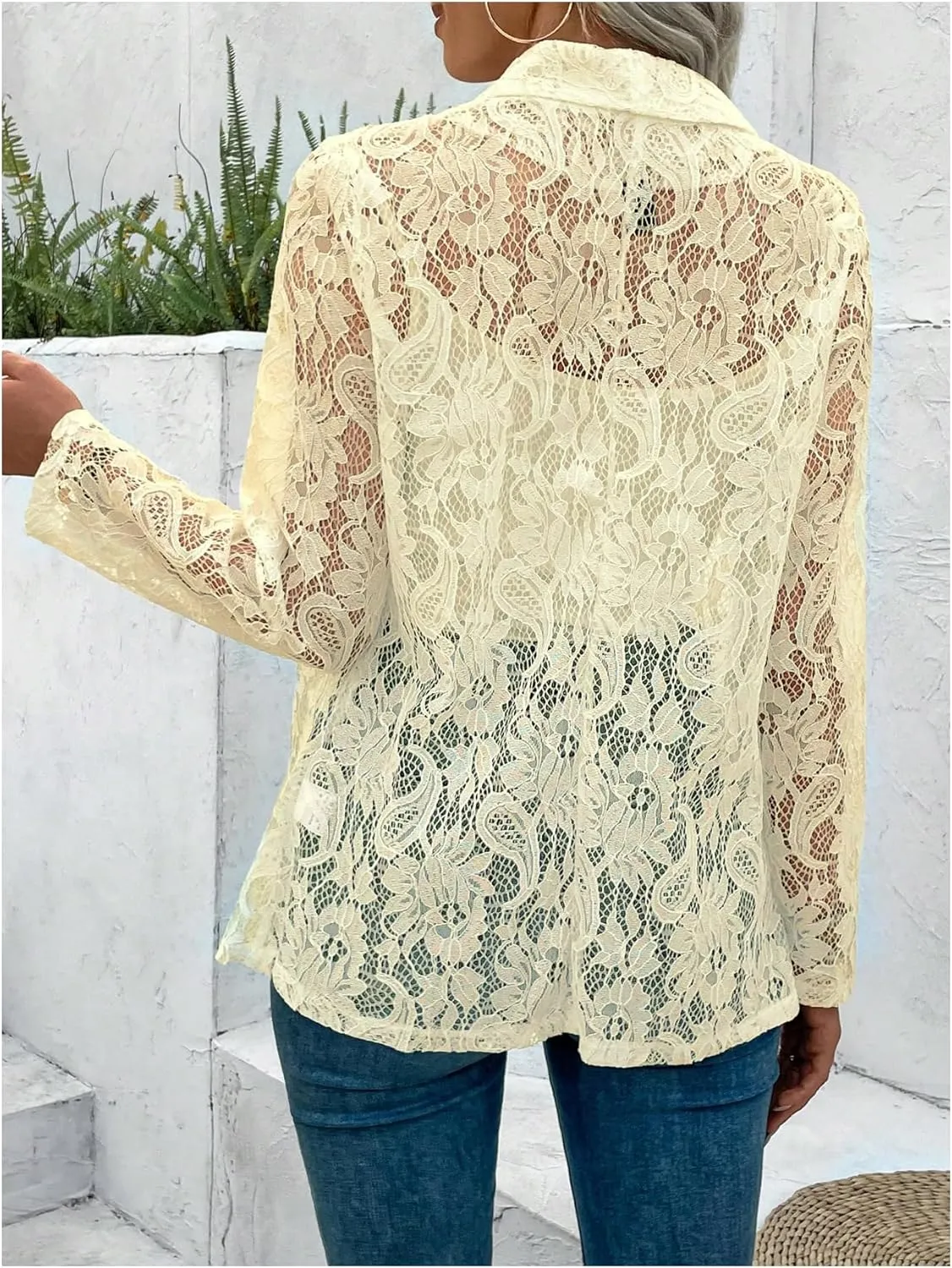 WDIRARA Women's Lace Open Front Long Sleeve Sheer Elegant Casual Blazer Jacket