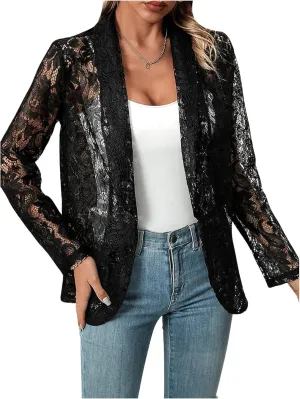 WDIRARA Women's Lace Open Front Long Sleeve Sheer Elegant Casual Blazer Jacket