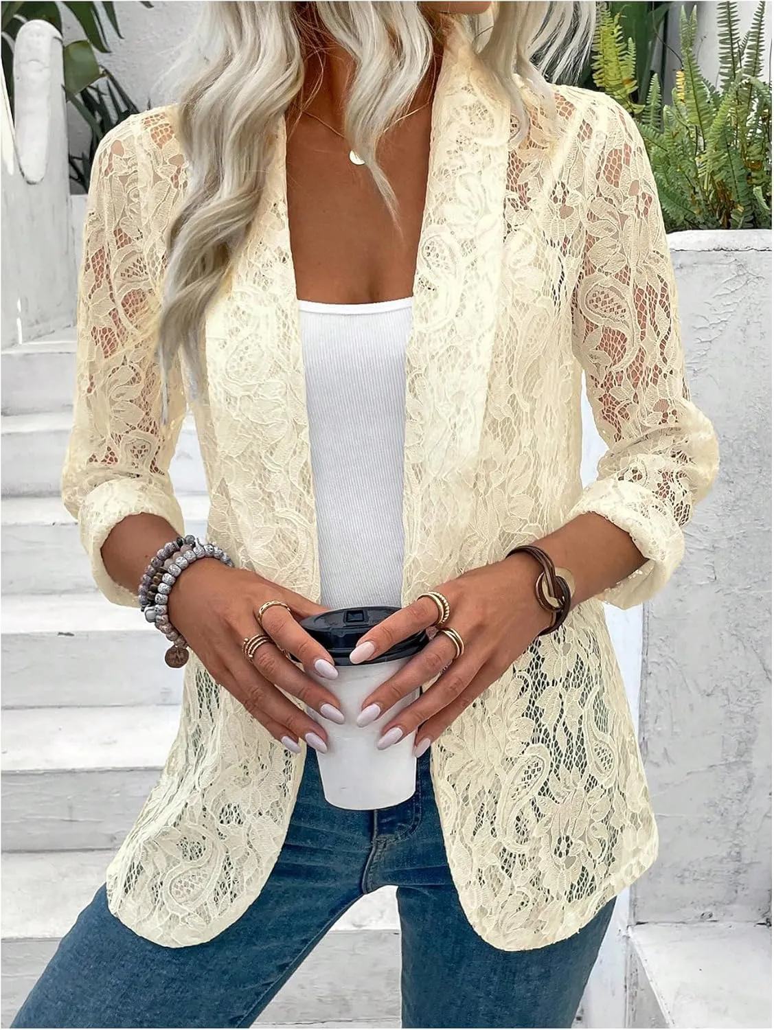 WDIRARA Women's Lace Open Front Long Sleeve Sheer Elegant Casual Blazer Jacket