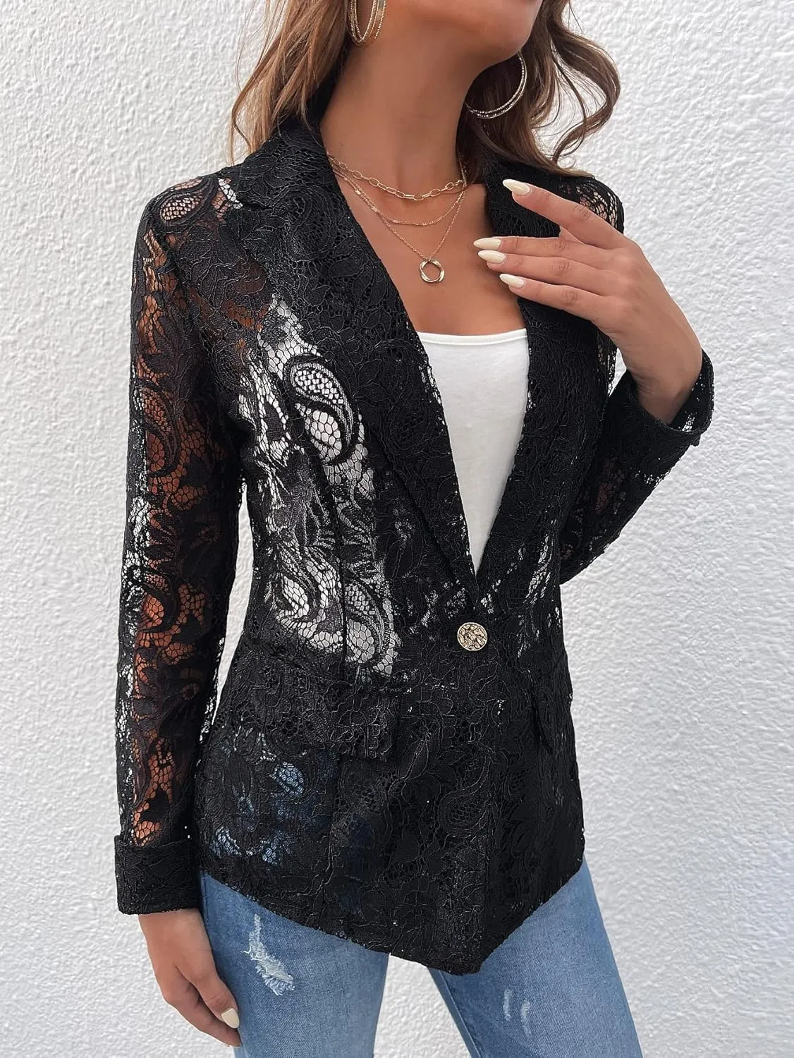 WDIRARA Women's Lace Open Front Long Sleeve Sheer Elegant Casual Blazer Jacket