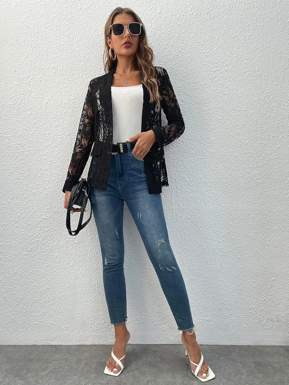 WDIRARA Women's Lace Open Front Long Sleeve Sheer Elegant Casual Blazer Jacket