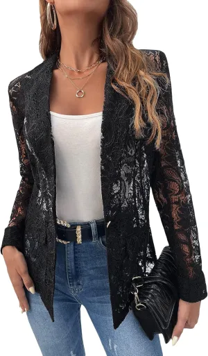 WDIRARA Women's Lace Open Front Long Sleeve Sheer Elegant Casual Blazer Jacket