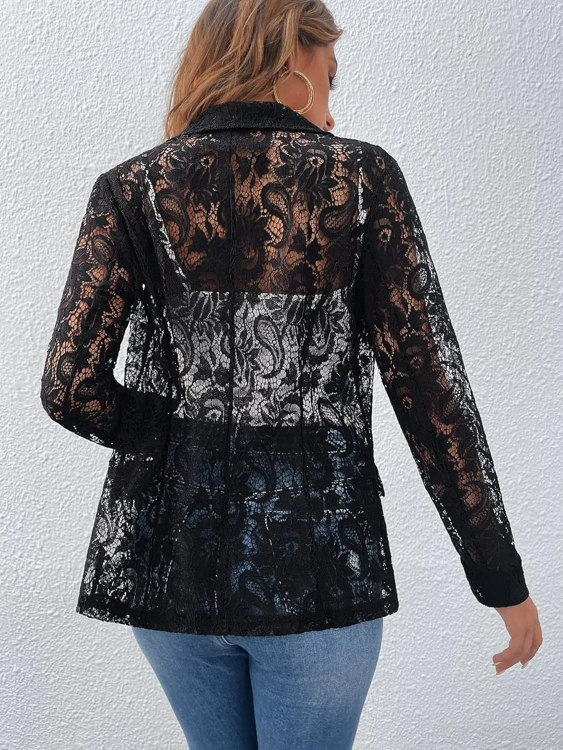 WDIRARA Women's Lace Open Front Long Sleeve Sheer Elegant Casual Blazer Jacket
