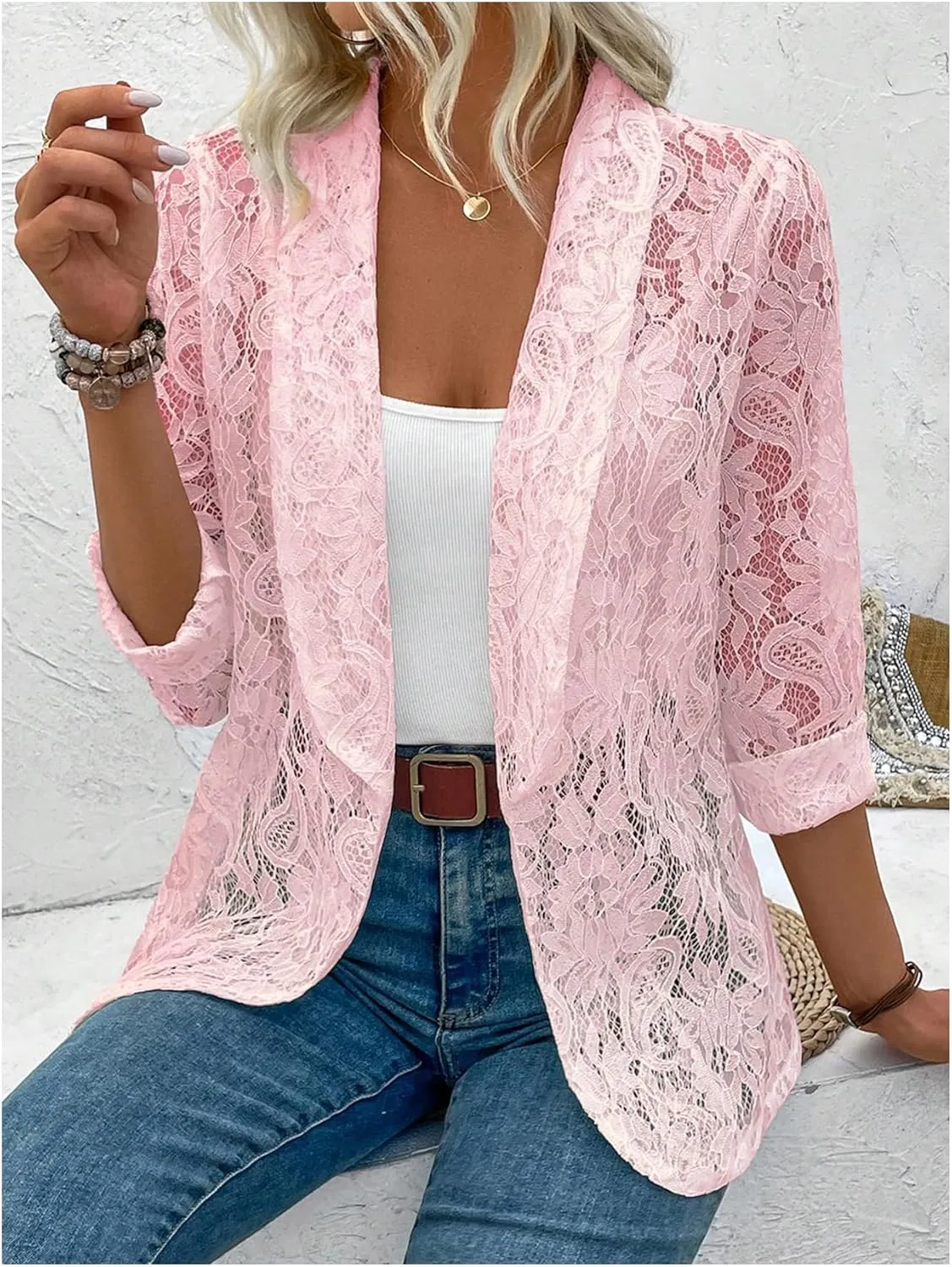 WDIRARA Women's Lace Open Front Long Sleeve Sheer Elegant Casual Blazer Jacket