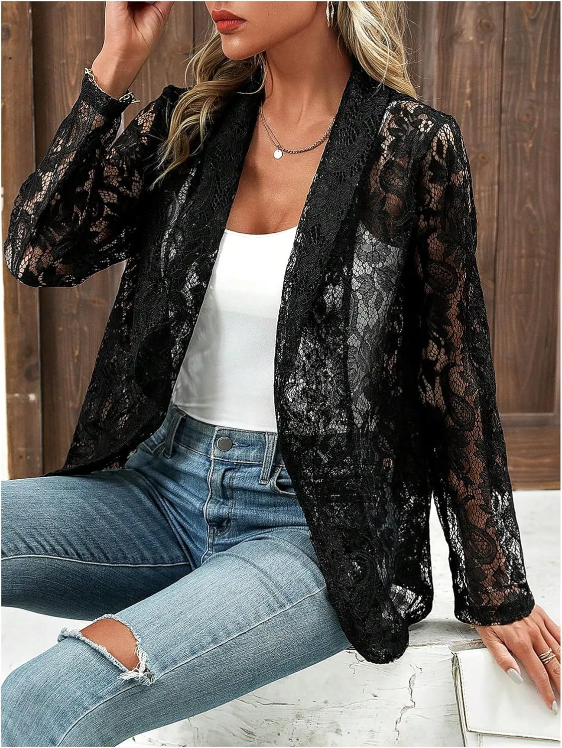 WDIRARA Women's Lace Open Front Long Sleeve Sheer Elegant Casual Blazer Jacket