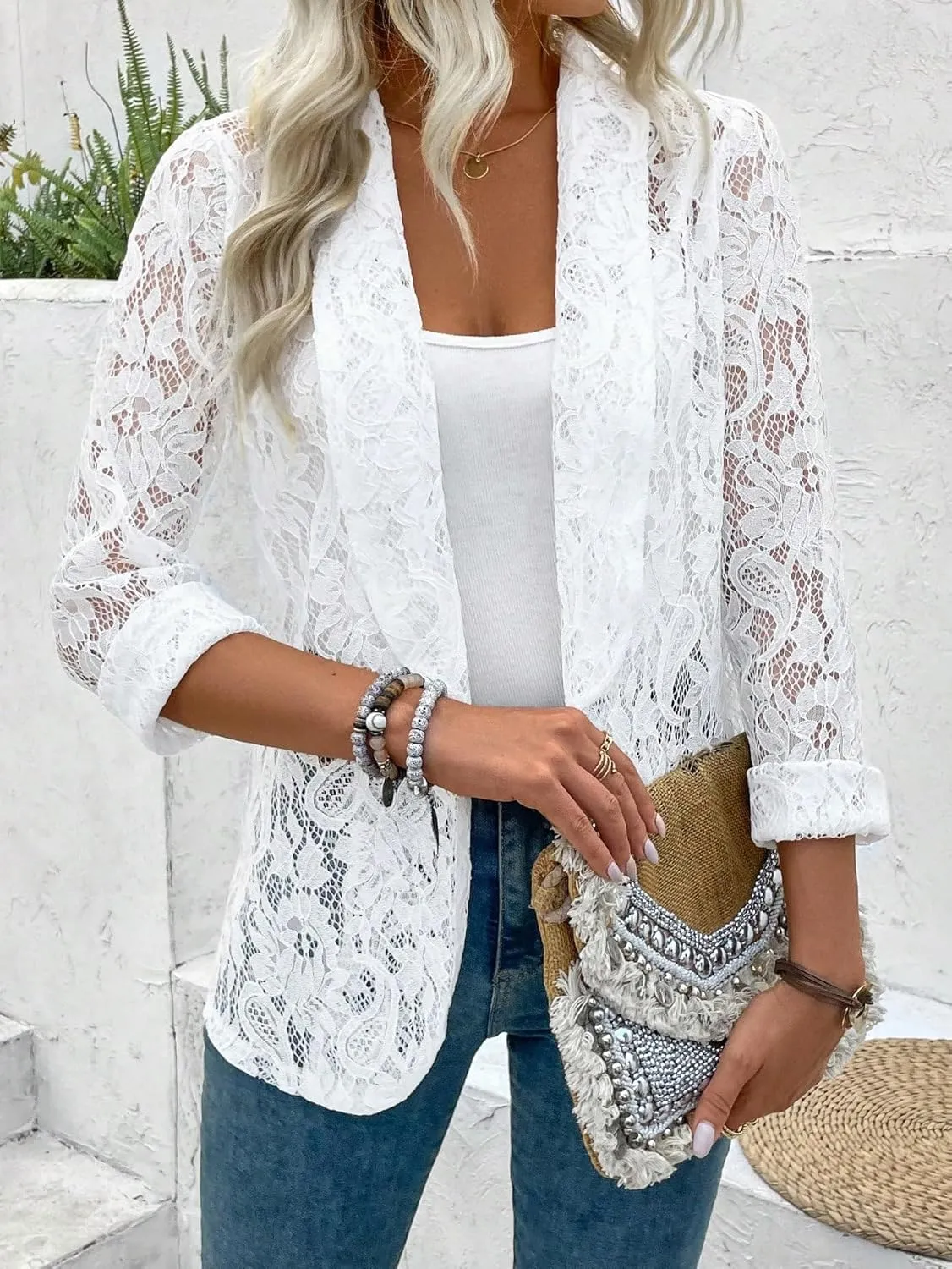 WDIRARA Women's Lace Open Front Long Sleeve Sheer Elegant Casual Blazer Jacket