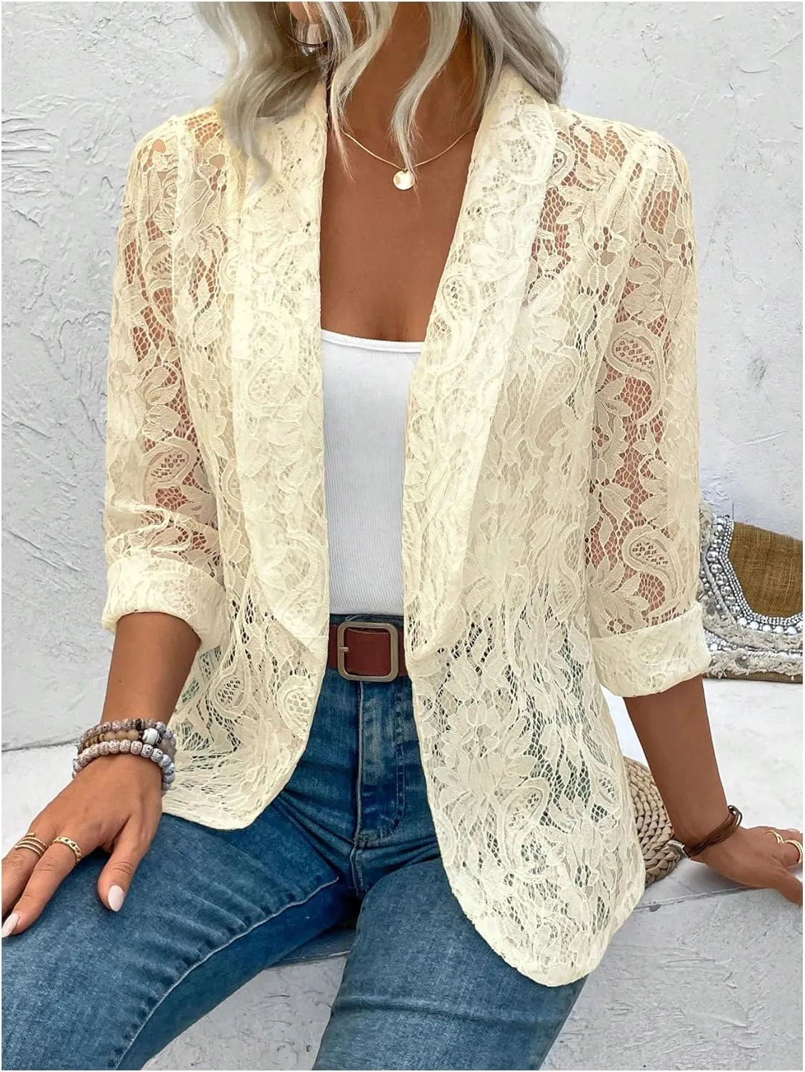 WDIRARA Women's Lace Open Front Long Sleeve Sheer Elegant Casual Blazer Jacket