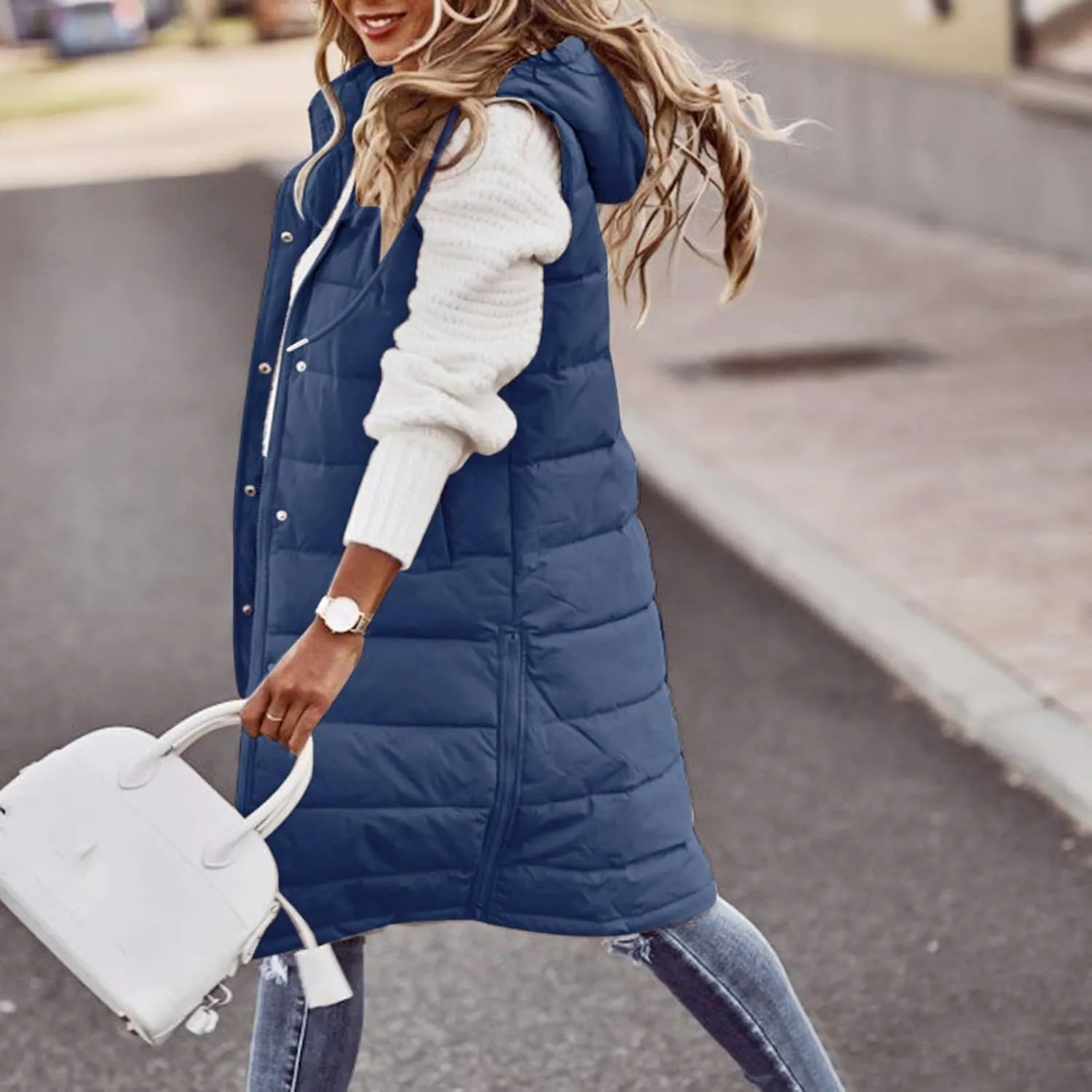 Winter Casual Stand Collar Gilet Hood Sleeveless Warm Down Coat with Pockets Quilted Vest Down Jacket Womens Puffer