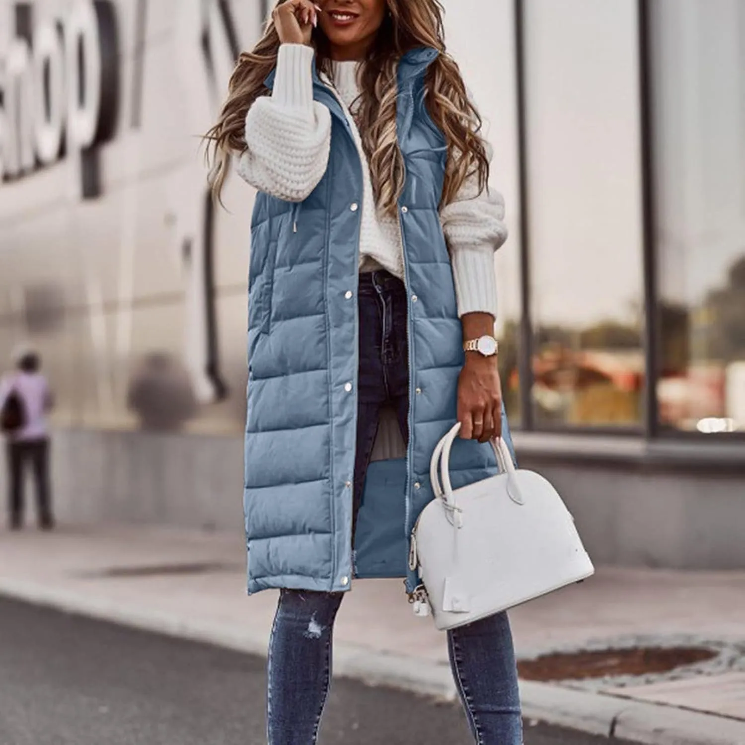 Winter Casual Stand Collar Gilet Hood Sleeveless Warm Down Coat with Pockets Quilted Vest Down Jacket Womens Puffer