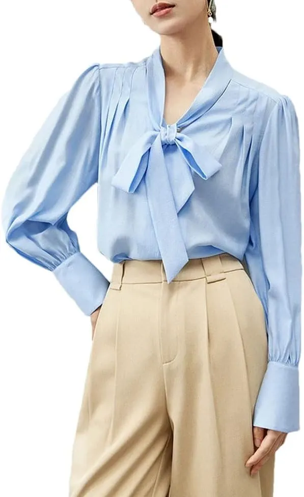 Women Bow Chiffon Blouse Camisole 2 Piece Set Loose Button Up Shirt Tank Top