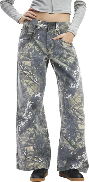 Women Camo Jeans Wide Leg Denim Pants Mid Waist Baggy Jeans Trousers