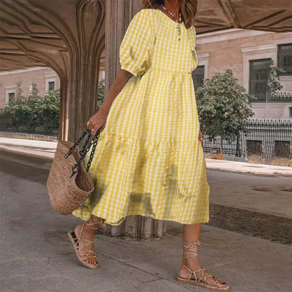 Women Casual Print Boho Maxi Dress Crewneck Short Puff Sleeve Trendy Tiered Pleated Plus Size Flowy Baggy Dresses
