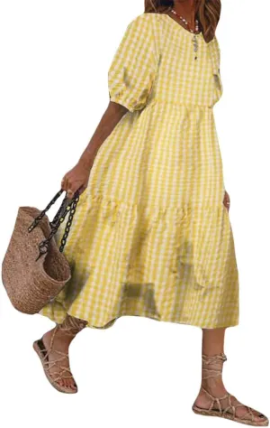 Women Casual Print Boho Maxi Dress Crewneck Short Puff Sleeve Trendy Tiered Pleated Plus Size Flowy Baggy Dresses