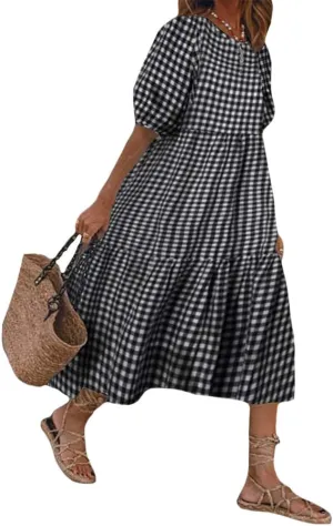 Women Casual Print Boho Maxi Dress Crewneck Short Puff Sleeve Trendy Tiered Pleated Plus Size Flowy Baggy Dresses