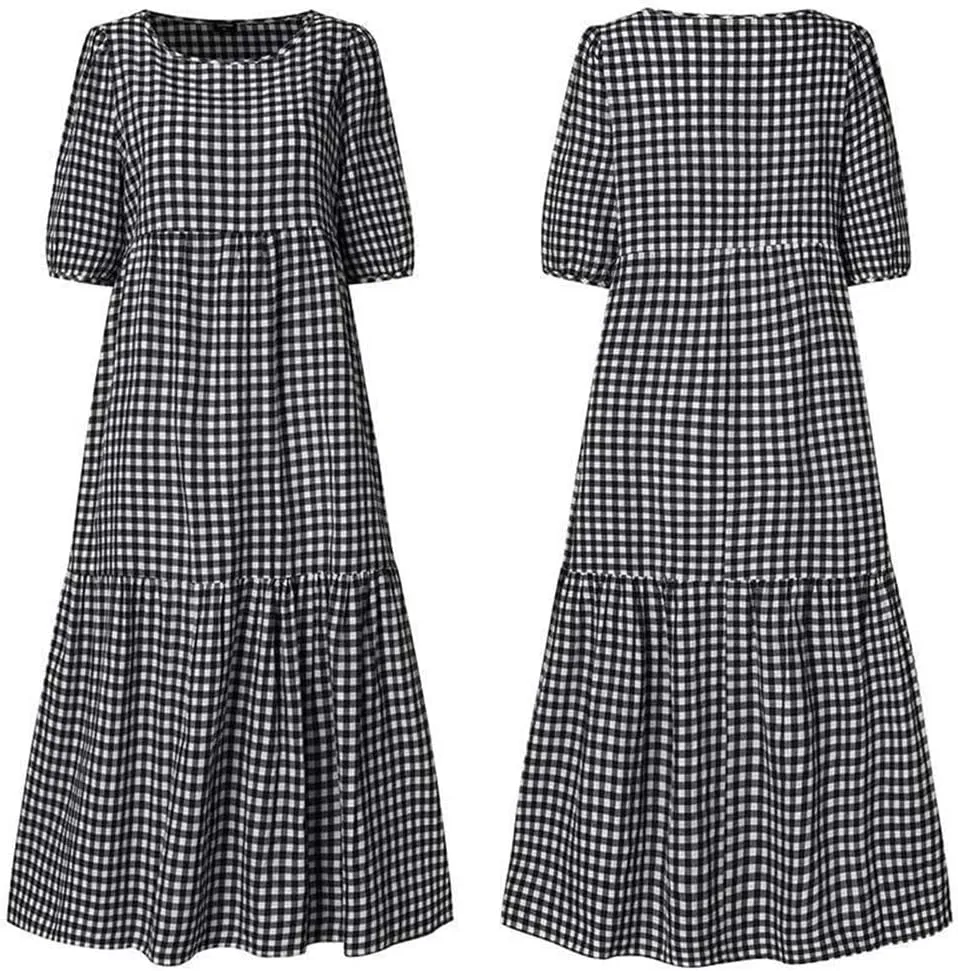Women Casual Print Boho Maxi Dress Crewneck Short Puff Sleeve Trendy Tiered Pleated Plus Size Flowy Baggy Dresses