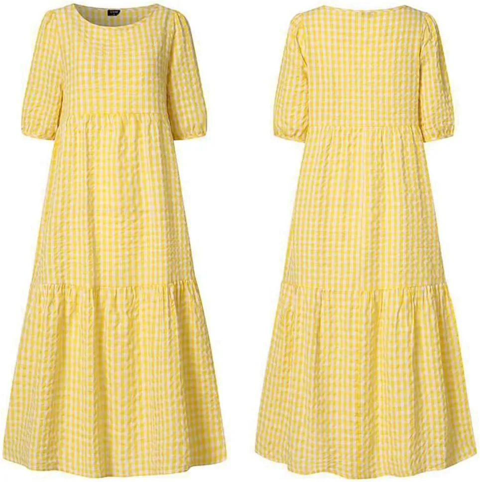 Women Casual Print Boho Maxi Dress Crewneck Short Puff Sleeve Trendy Tiered Pleated Plus Size Flowy Baggy Dresses