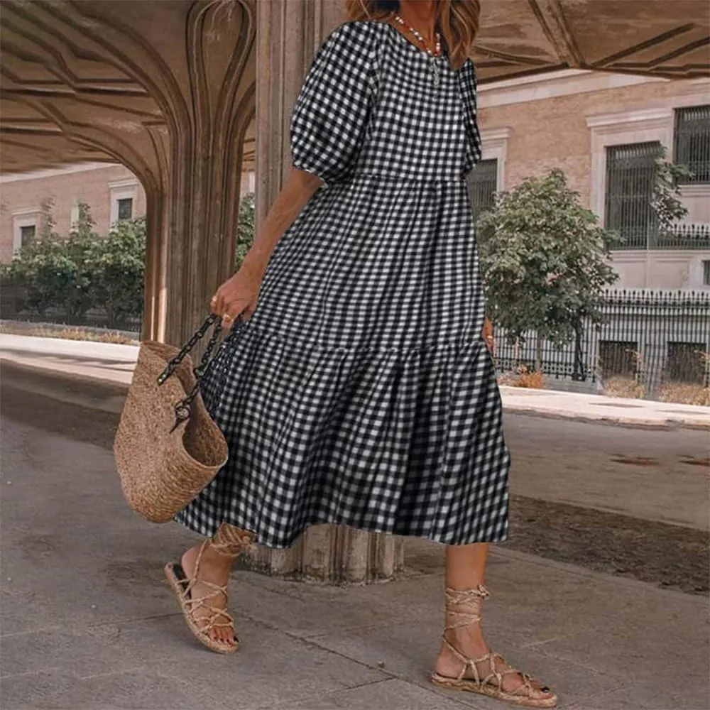 Women Casual Print Boho Maxi Dress Crewneck Short Puff Sleeve Trendy Tiered Pleated Plus Size Flowy Baggy Dresses