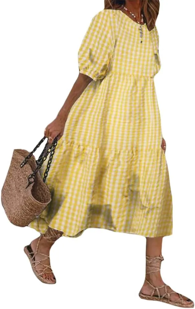 Women Casual Print Boho Maxi Dress Crewneck Short Puff Sleeve Trendy Tiered Pleated Plus Size Flowy Baggy Dresses