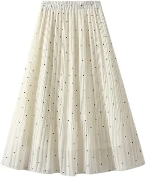 Women Chiffon Midi Long Pleated Skirt High Waist Black White Polka Dot A-Line Skirt