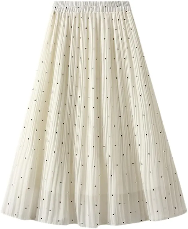 Women Chiffon Midi Long Pleated Skirt High Waist Black White Polka Dot A-Line Skirt
