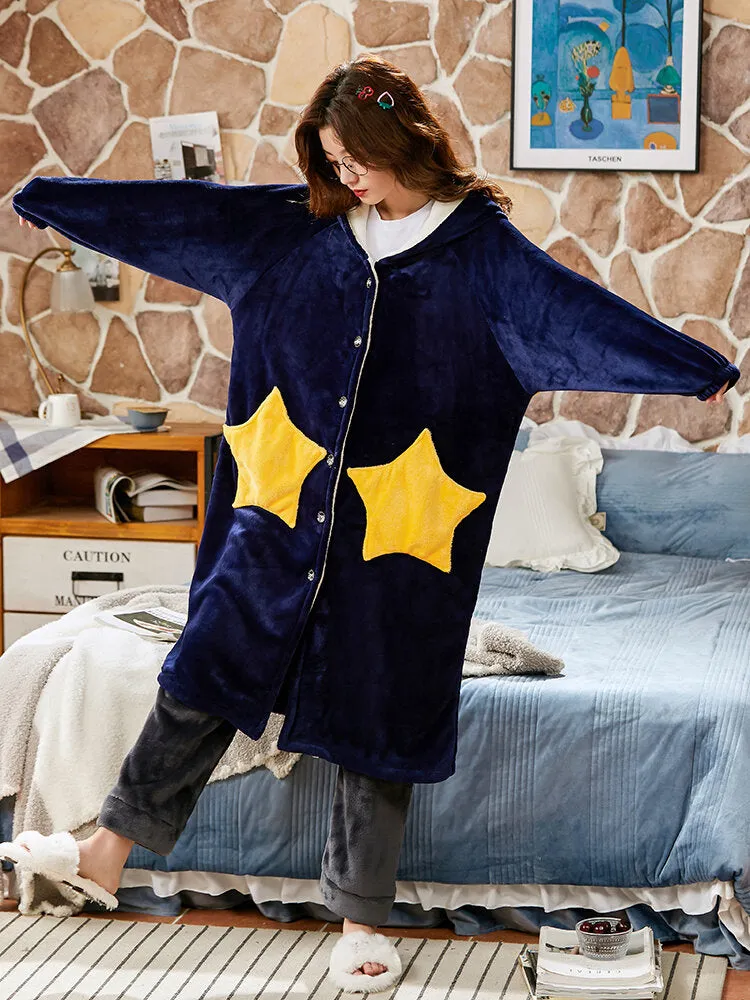 Women Coral Fleece Double Star Pockets Thick Warm Loose Button Up Sleepwear Hooded Robes