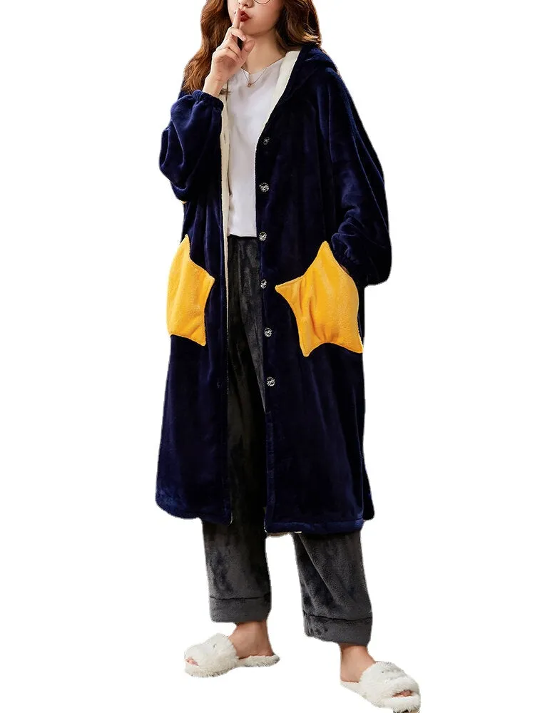 Women Coral Fleece Double Star Pockets Thick Warm Loose Button Up Sleepwear Hooded Robes