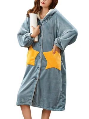 Women Coral Fleece Double Star Pockets Thick Warm Loose Button Up Sleepwear Hooded Robes