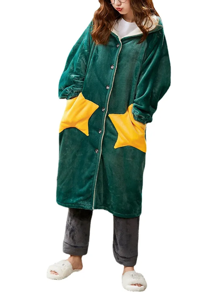 Women Coral Fleece Double Star Pockets Thick Warm Loose Button Up Sleepwear Hooded Robes