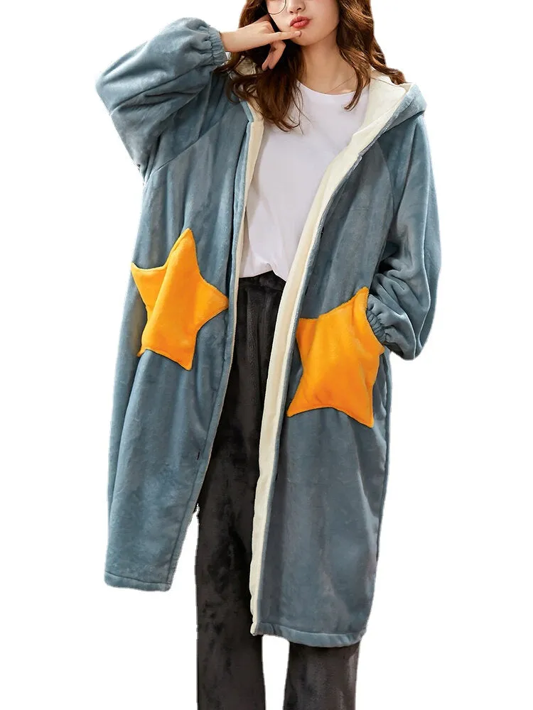 Women Coral Fleece Double Star Pockets Thick Warm Loose Button Up Sleepwear Hooded Robes