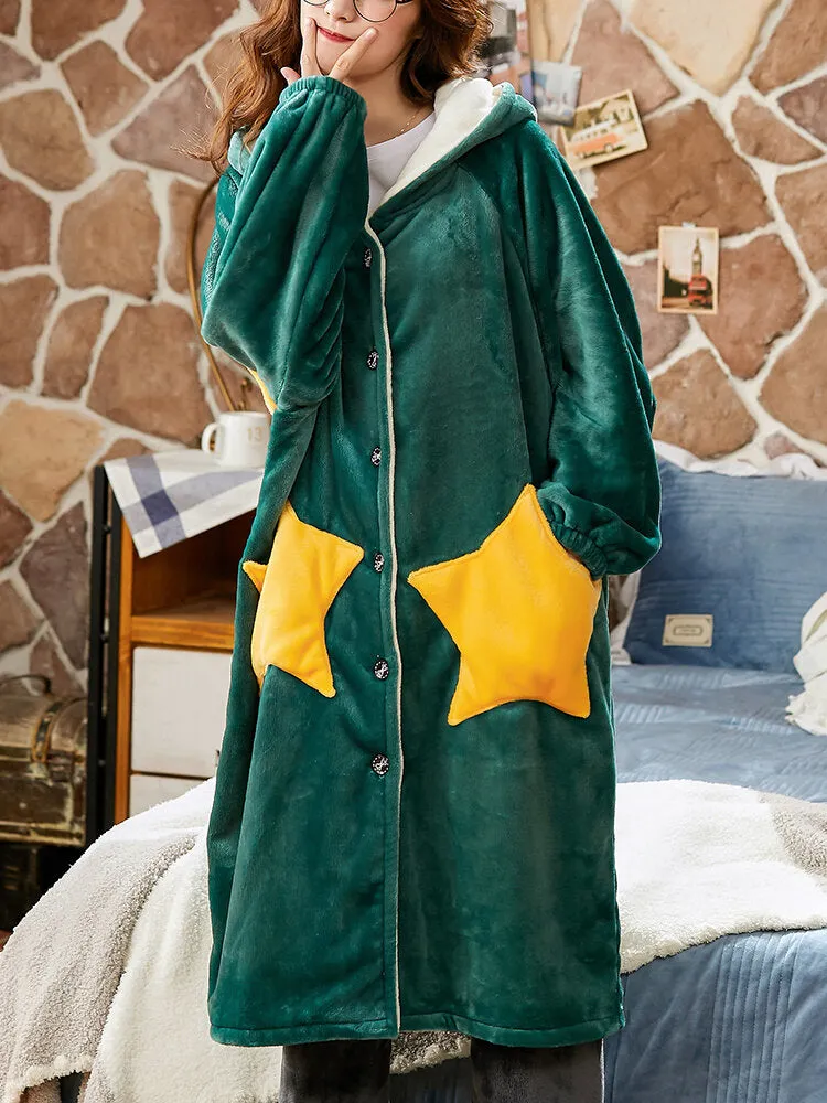 Women Coral Fleece Double Star Pockets Thick Warm Loose Button Up Sleepwear Hooded Robes