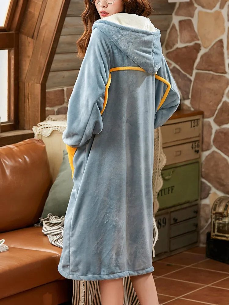 Women Coral Fleece Double Star Pockets Thick Warm Loose Button Up Sleepwear Hooded Robes