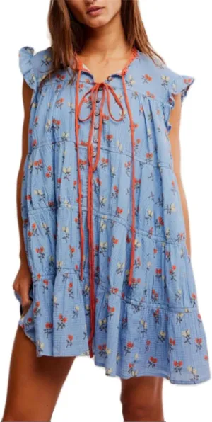 Women Cute Floral Babydoll Mini Dress Y2k Button Up Tie Front Ruffle Trim Flowy Tunic Short Dress Summer Beach Sundress